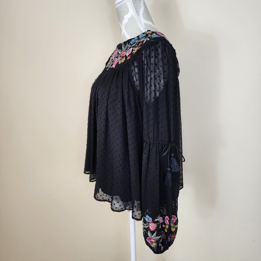 ZARA Trafaluc Black Embroidered Floral Long Sleeve Tassel Chiffon Top Boho XS - Picture 4 of 12